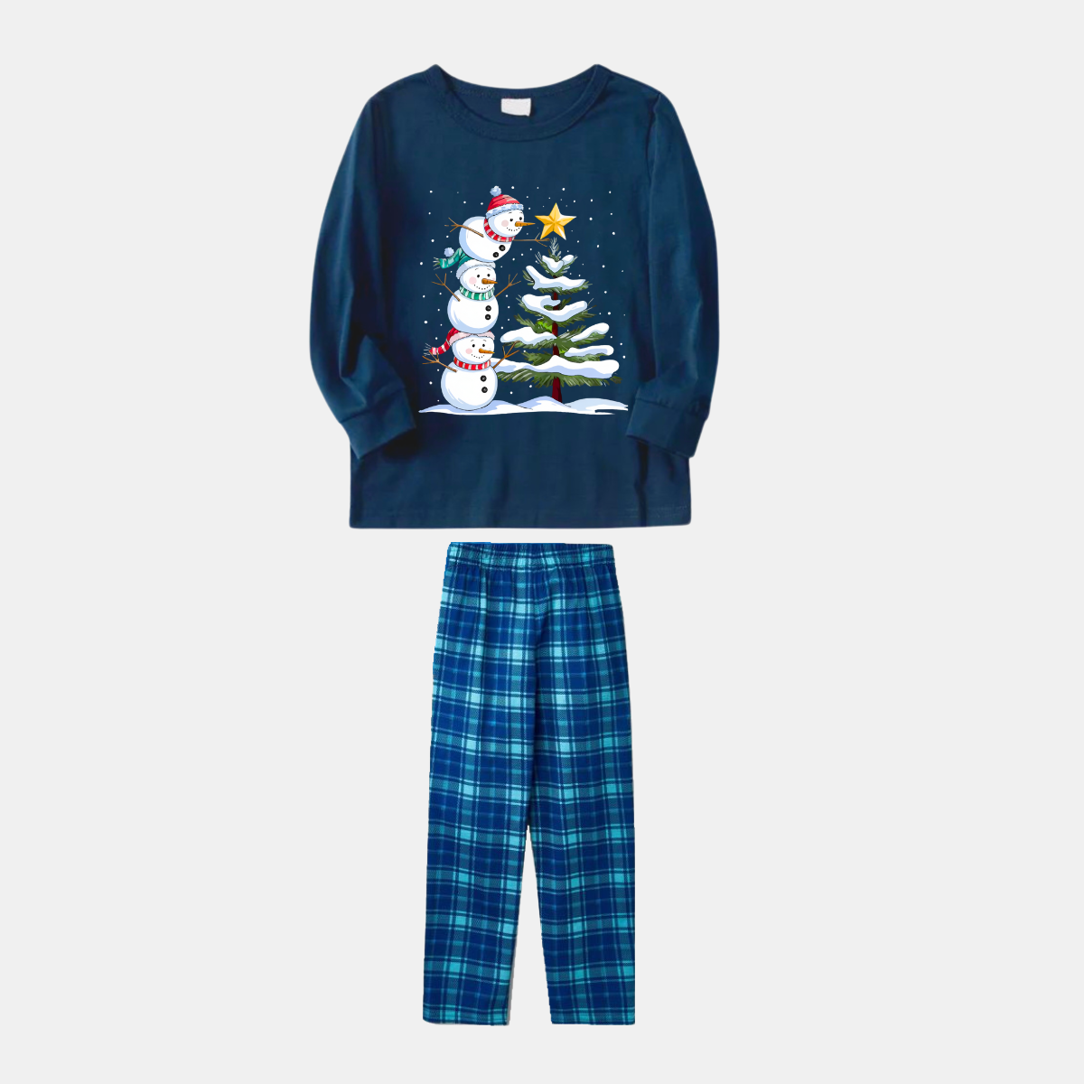 Navy & Sky Blue Plaid Christmas Pajamas Set with Snowman & Christmas Tree Print