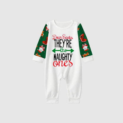 Dear Santa Naughty Ones Family Pajamas Set - White Top, Green Christmas Pattern Pants, Green Sleeves