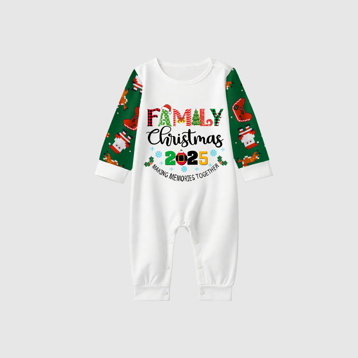 Christmas Gnomes Hanging with my Gnomies Family Pajamas Set - White Top, Green Cartoon Pants, Green Sleeves, Gnome Print