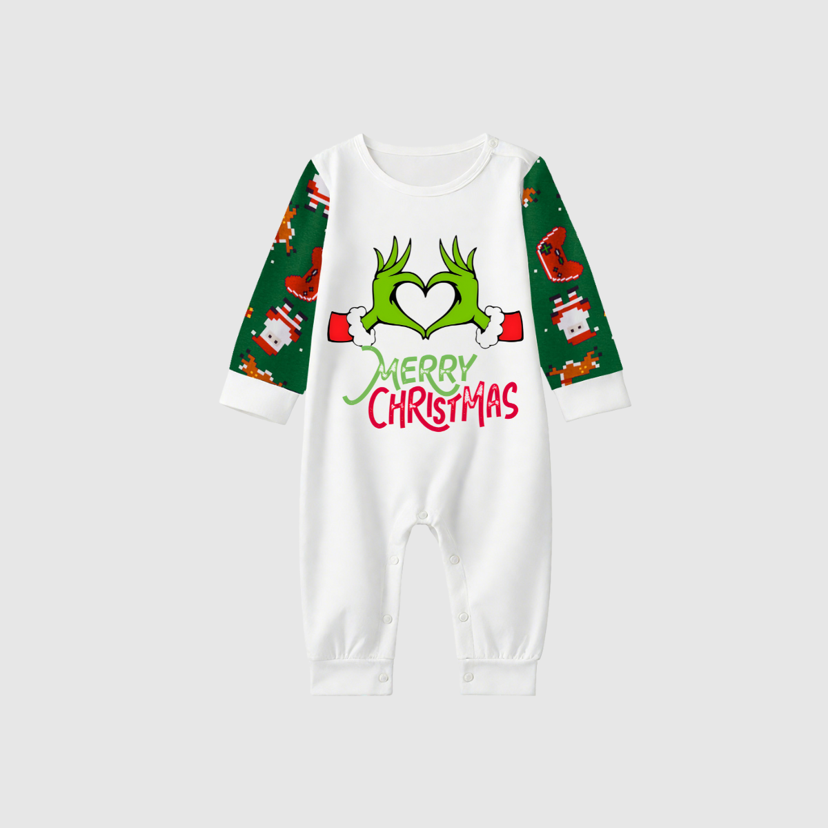 Merry Christmas 2025 Making Memories Family Pajamas Set - White Top, Green Pants, Green Christmas Cartoon Sleeves