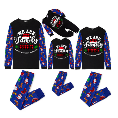 2025 We Are Family Christmas Family Pajamas Set - Black Top / Blue Santa Print Pants / Blue Santa Print Sleeves