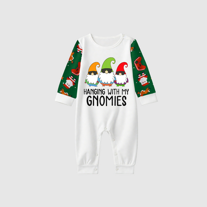 Hanging With My Gnomies Family Pajamas Set - White Top, Green Pants, Green Solid Sleeves, Santa & Cartoon Print