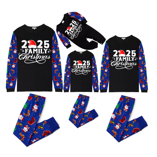 Christmas 2025 Santa Family Matching Family Pajamas Set - Black Top, Blue Pants, Santa Print Pattern