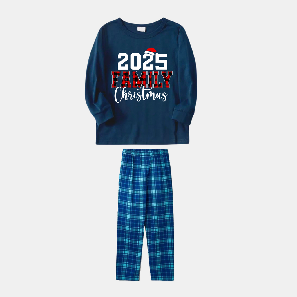 2025 Family Christmas Text Print Blue Long Sleeve Top With Blue Plaid Family Matching Pajamas