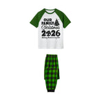 Our Family Christmas 2026 Family Pajamas Set - White Top, Green Plaid Pants, Green Sleeves, Christmas Tree and Ornaments Print