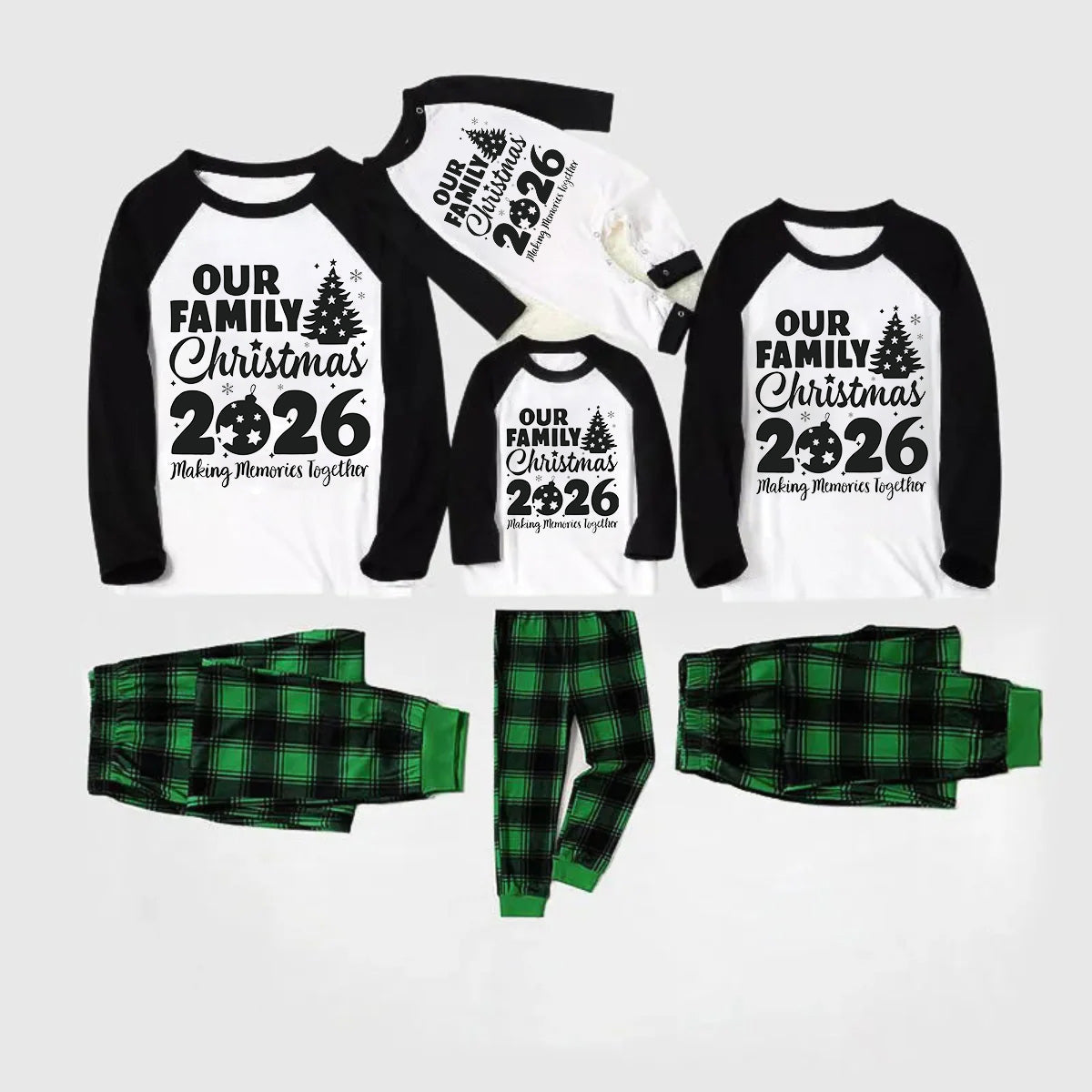Christmas Tree & "2026 Making Memories Together" Patterned Black Sleeve Contrast Tops and and Black and Green Plaid Pants Family Matching Pajamas Sets With Dog Bandana