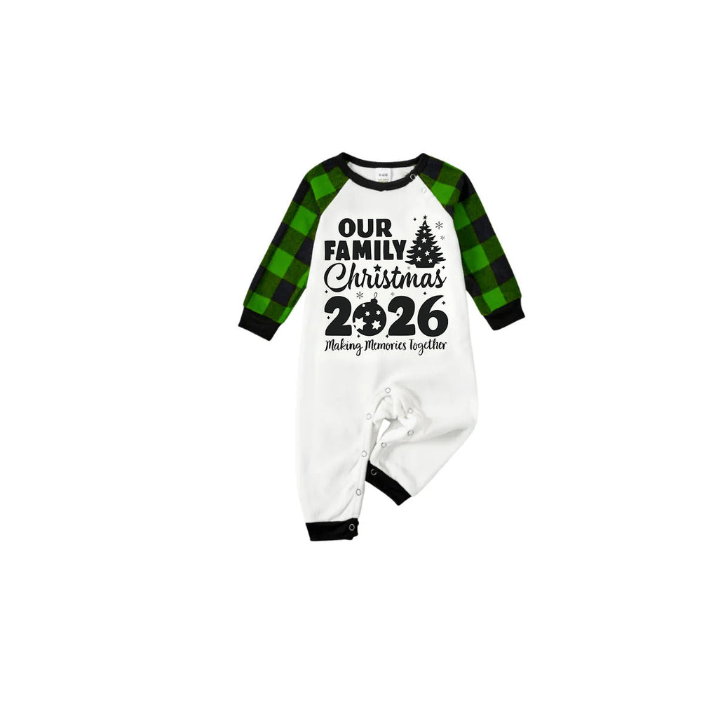 Our Family Christmas 2026 Family Pajamas Set - White Top, Green Plaid Pants, Green Sleeves, Christmas Tree and Ornaments Print