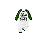 Our Family Christmas 2026 Family Pajamas Set - White Top, Green Plaid Pants, Green Sleeves, Christmas Tree and Ornaments Print