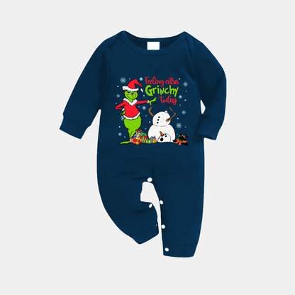 Navy & Sky Blue Plaid Christmas Pajamas Set With Grinch and Snowman Print