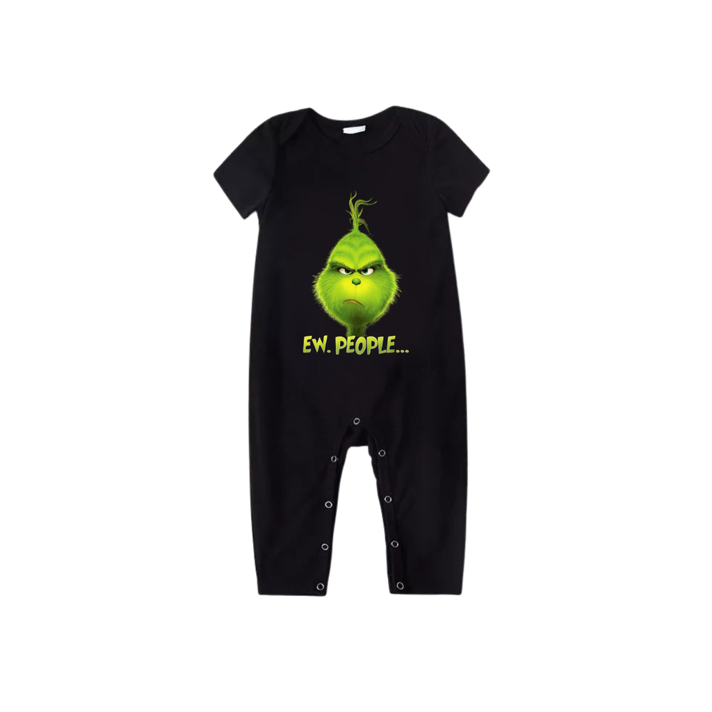 Ew People Family Pajamas Set - Black Top Red Pants Red Plaid Sleeves Grinch Face Print