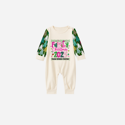 "Family Christmas 2025" Faux Glitter Beige Top and Christmas Tree Pants Christmas Pajamas Set