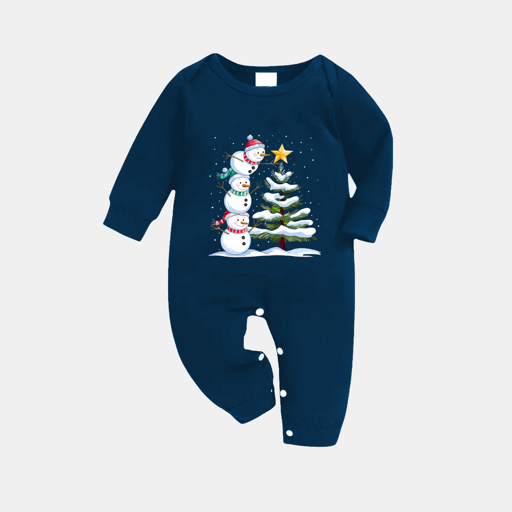 Navy & Sky Blue Plaid Christmas Pajamas Set with Snowman & Christmas Tree Print