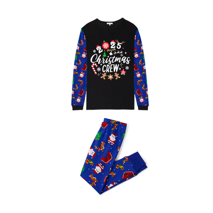Christmas Crew 2025 Family Pajamas Set - Black Top, Blue Pants, Blue Christmas Cartoon Sleeves, Gingerbread Candy Print