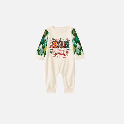 "Jesus is the REASON for the Season" Matching Christmas Pajamas Set - Beige Top and Tree Print Pants Pajamas