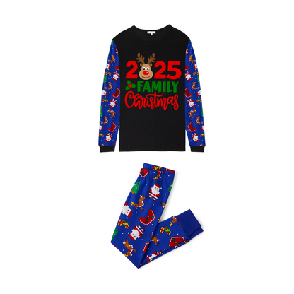 2025 Reindeer Family Christmas Family Pajamas Set - Black Top / Blue Santa Print Pants / Blue Santa Print Sleeves