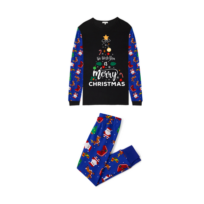 We Wish You a Merry Christmas Family Pajamas Set - Black Top / Blue Santa Print Pants / Blue Santa Print Sleeves