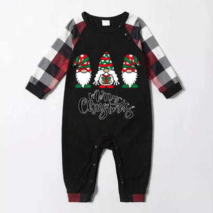 Merry Christmas Cute Gnome Print Casual Long Sleeve Sweatshirts Contrast Tops and Red & Black & White Plaid Pants Family Matching Pajamas Set With Dog Bandana