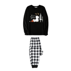 Couple Black and White Plaid Matching Pajamas "Let it Snow" Text and Snowman Prints