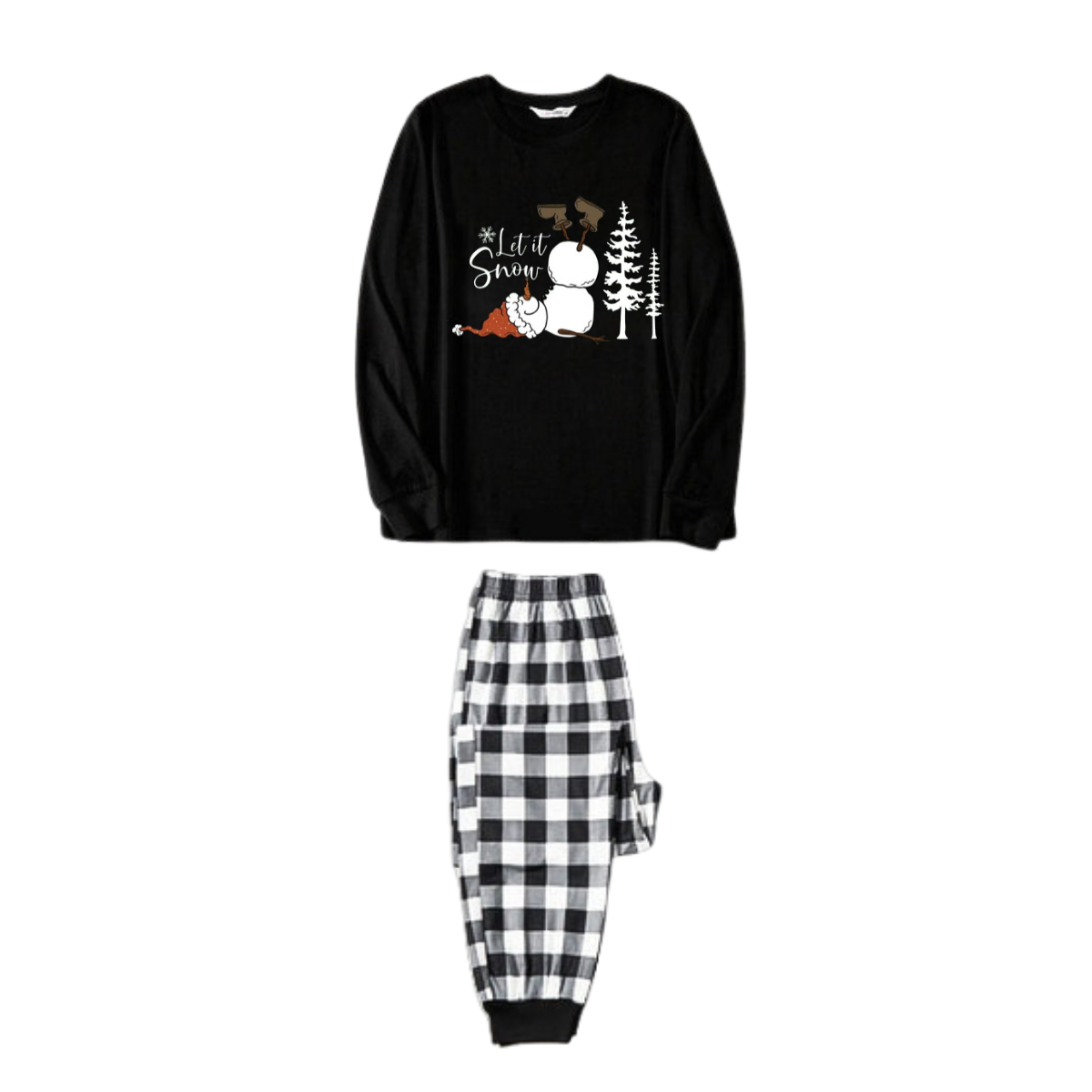 Couple Black and White Plaid Matching Pajamas "Let it Snow" Text and Snowman Prints