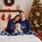 "Christmas Crew" and Trees Blue Long Sleeves with Blue Plaid Couple Matching Pajamas
