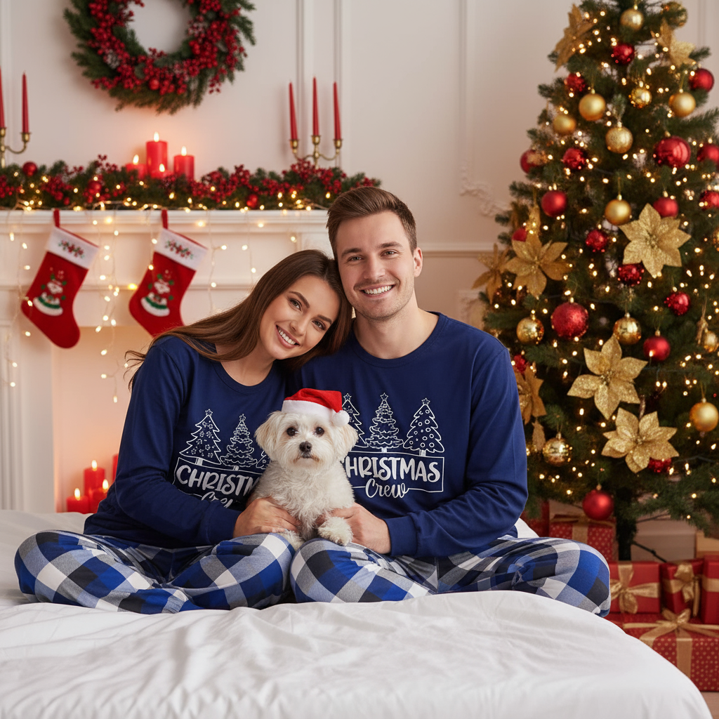 "Christmas Crew" and Trees Blue Long Sleeves with Blue Plaid Couple Matching Pajamas