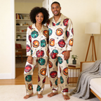 Bell Print Satin Matching Pajamas for Couples – Long Sleeve Button-Down Top & Pants Sleepwear Set