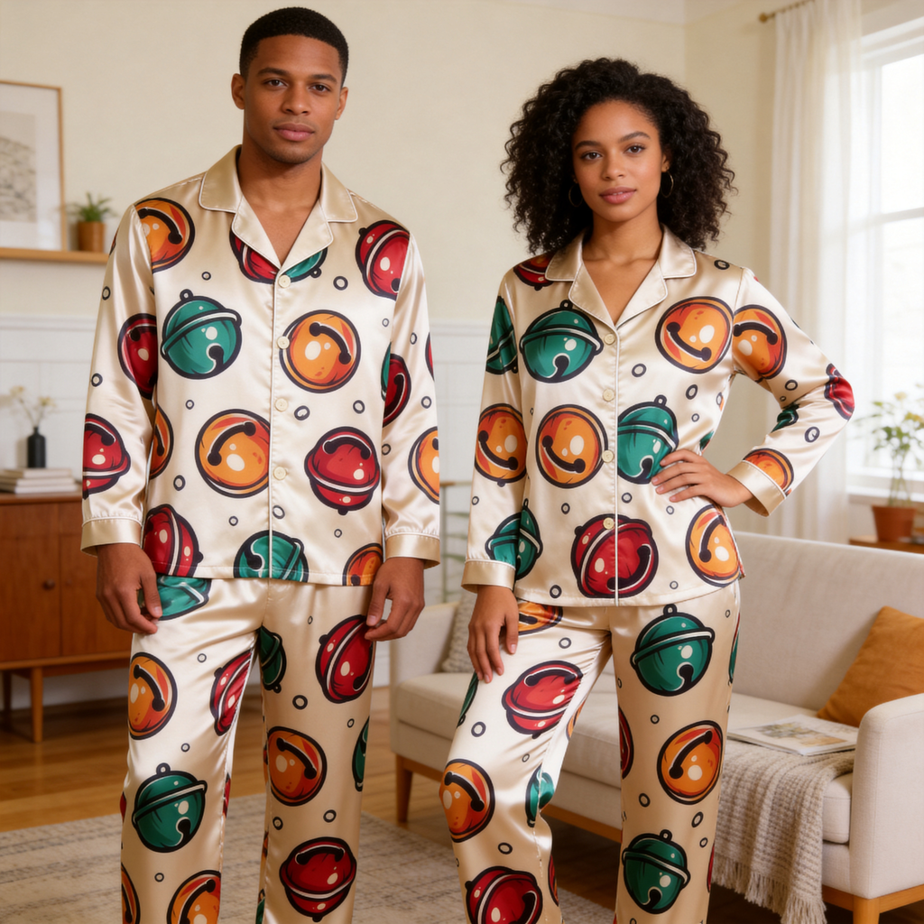 Bell Print Satin Matching Pajamas for Couples – Long Sleeve Button-Down Top & Pants Sleepwear Set