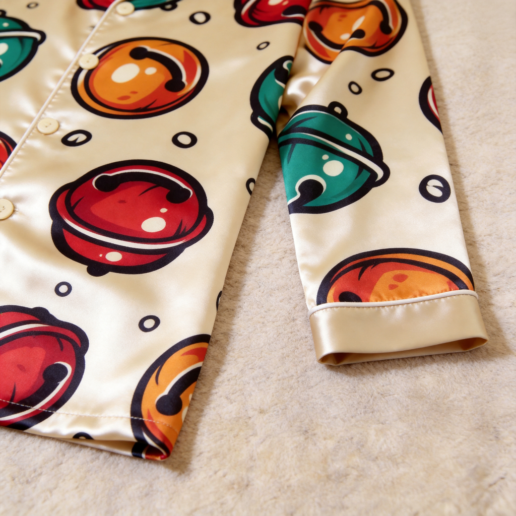 Bell Print Satin Matching Pajamas for Couples – Long Sleeve Button-Down Top & Pants Sleepwear Set