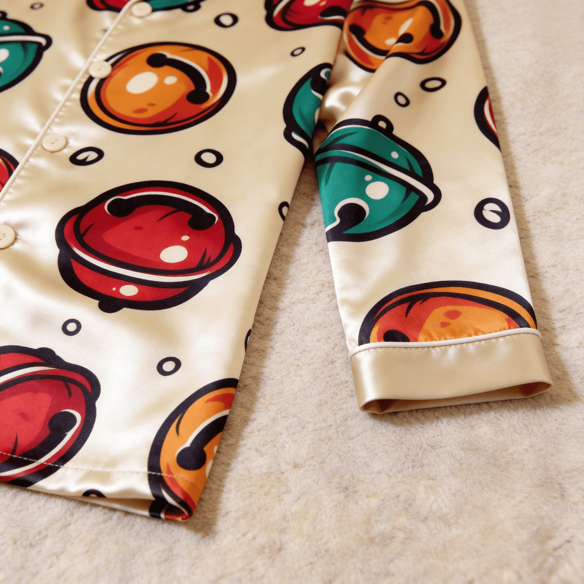 Colorful Jingle Bell Print Satin Button-Up Family Pajamas Set