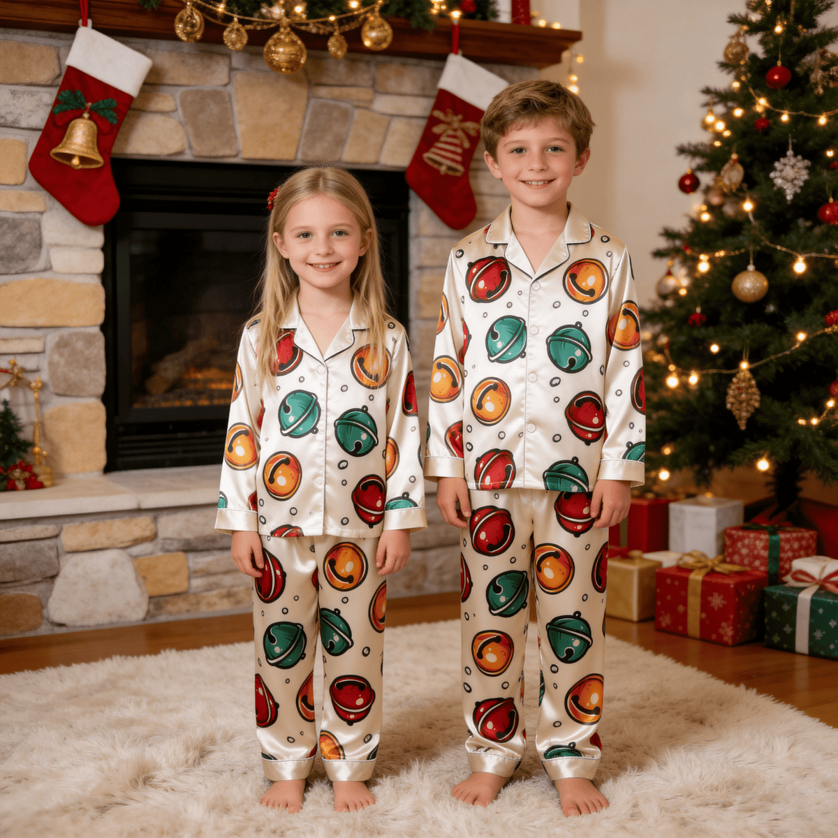 Colorful Jingle Bell Print Satin Button-Up Family Pajamas Set