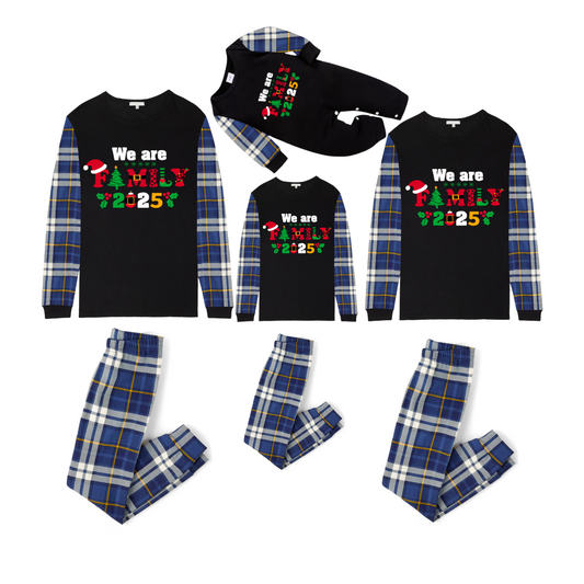 We Are Family Christmas 2025 Family Pajamas Set - Black Top, Blue Pants, Blue Plaid Sleeves