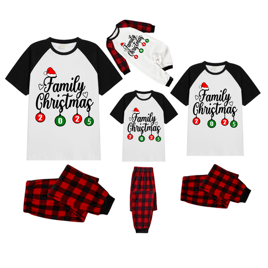 Family Christmas 2025 Family Pajamas Set - White Top Black Sleeves Red Plaid Pants Santa Hat and Heart Graphic