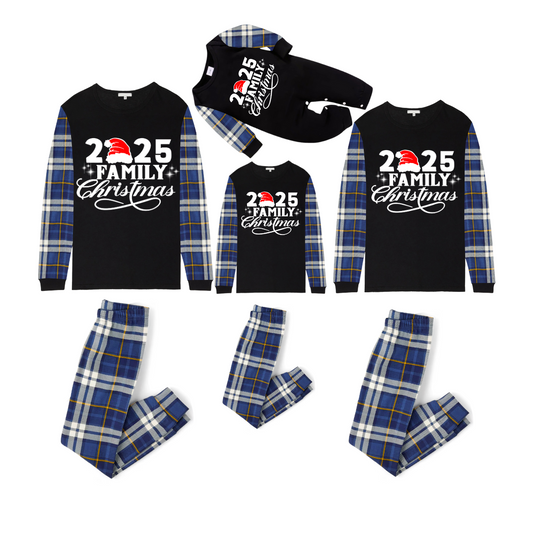 Christmas 2025 Family Matching Family Pajamas Set - Black Top, Blue Pants, Plaid Pattern