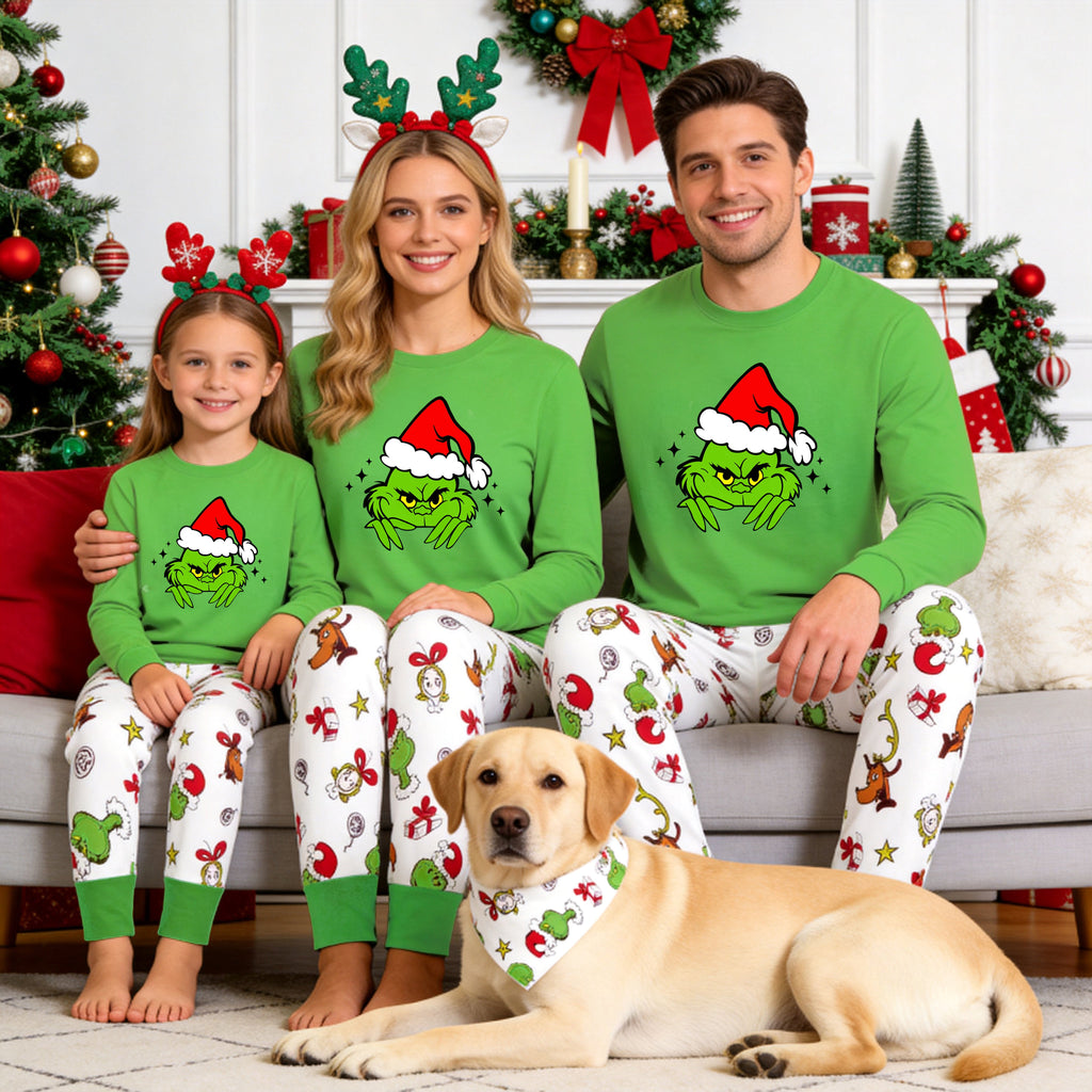 Green Grinch Christmas Family Matching Pajamas Set with Santa Hat Graphic Top and Print Pants