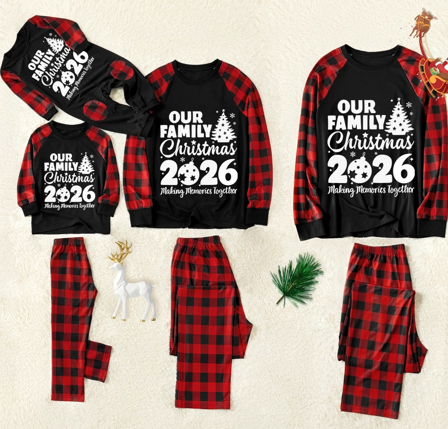 Christmas Tree & "2026 Making Memories Together" Patterned Contrast top and Black & Red Plaid Pants Couple Matching Pajamas Set