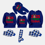 "Family Christmas 2025" Text and Deer Printed Blue and White Plaid Family Matching Pajamas