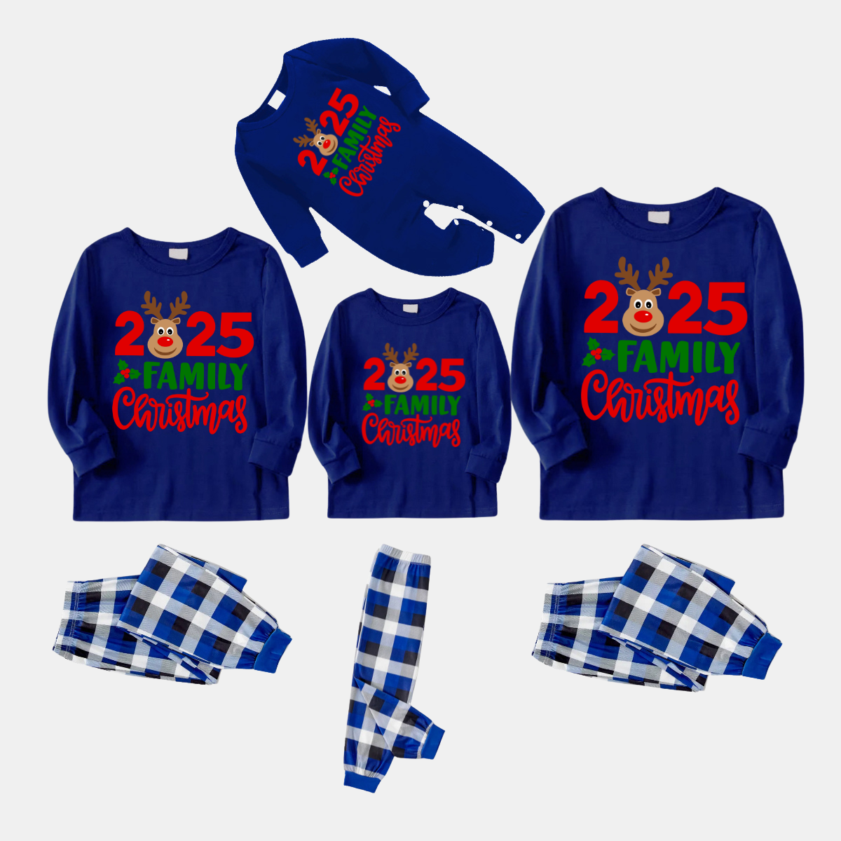 "Family Christmas 2025" Text and Deer Printed Blue and White Plaid Family Matching Pajamas