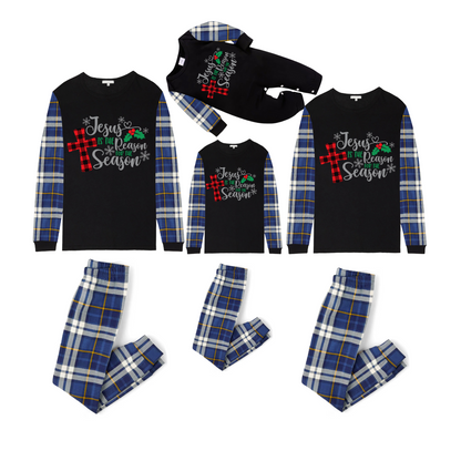 Jesus Is the Reason Family Christmas Pajamas Set  Matching Black & Blue Plaid