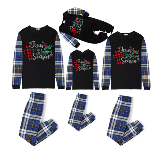 Jesus Is the Reason Family Christmas Pajamas Set  Matching Black & Blue Plaid