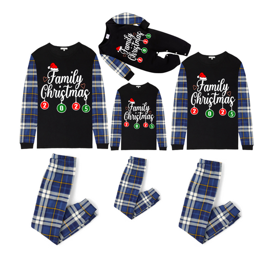 Family Christmas 2025 Pajamas Set - Black Top / Blue Plaid Sleeves & Pants / Santa Hat Print