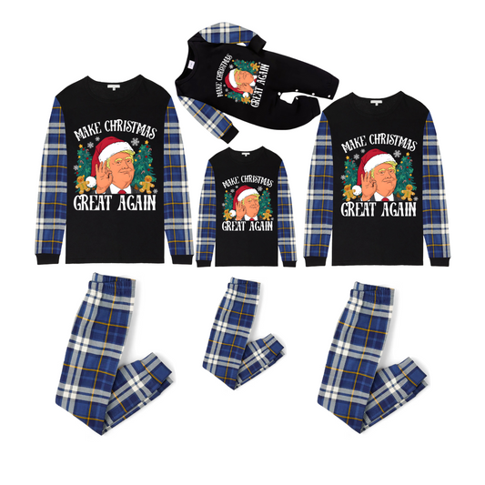 Christmas Cartoon Trump Make Christmas Great Again Family Pajamas Set - Black Top, Blue Pants, Plaid