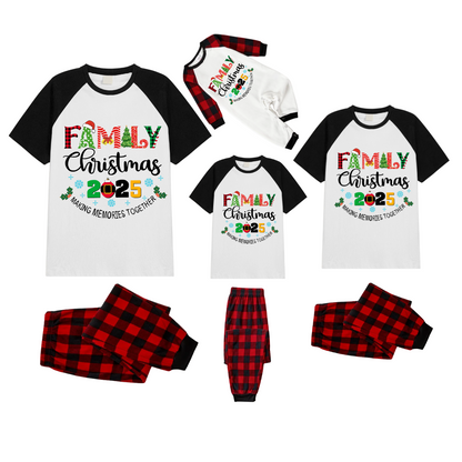 Family Christmas 2025 Making Memories Together Pajamas Set - White Top Black Sleeves Red Plaid Pants Multi-Color Text Graphic