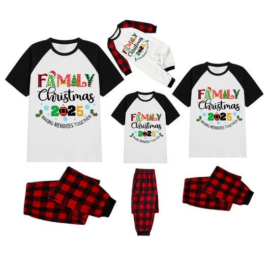 Family Christmas 2025 Making Memories Together Pajamas Set - White Top Black Sleeves Red Plaid Pants Multi-Color Text Graphic
