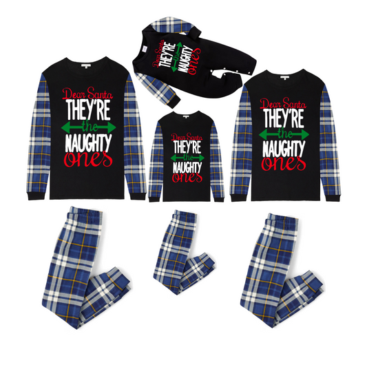Blue Plaid Raglan Sleeve Black Top with Dear Santa They Are the Naughty Ones Printed Plaid Pants Family Matching Christmas Pajamas Sets