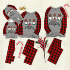 Merry Christmas Cute Gnome Print Casual Long Sleeve Sweatshirts Grey Contrast Top and Black & Red Plaid Pants Family Matching Pajamas Set With Dog Bandana