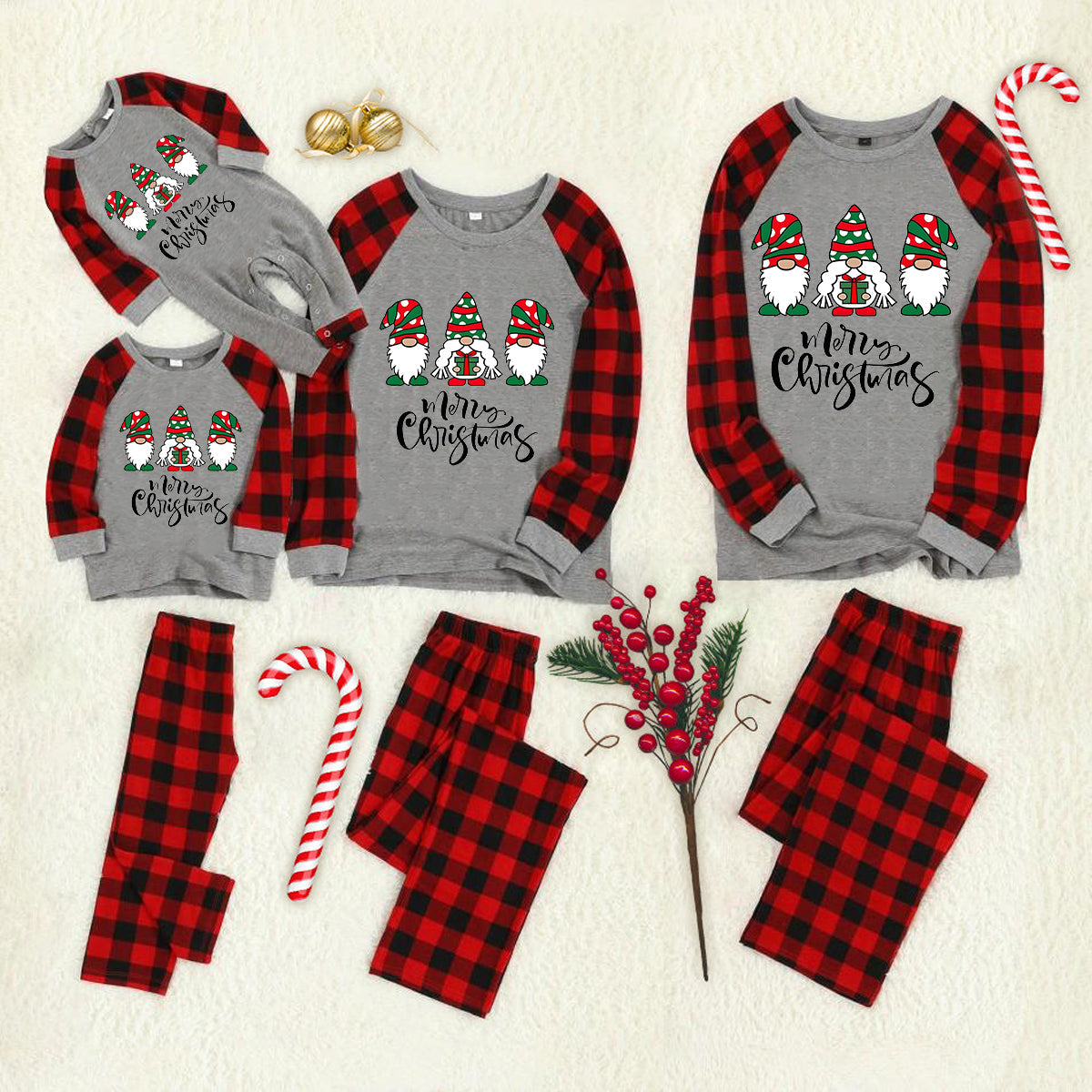 Merry Christmas Cute Gnome Print Casual Long Sleeve Sweatshirts Grey Contrast Top and Black & Red Plaid Pants Family Matching Pajamas Set With Dog Bandana