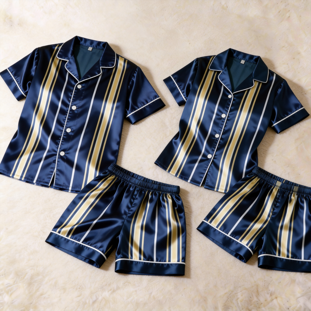 Striped Design Satin Navy Solid Sleepwear ¨C Understated Luxury Couple Set