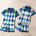 Green & Blue Plaid Design Satin Solid Sleepwear ¨C Understated Luxury Couple Set