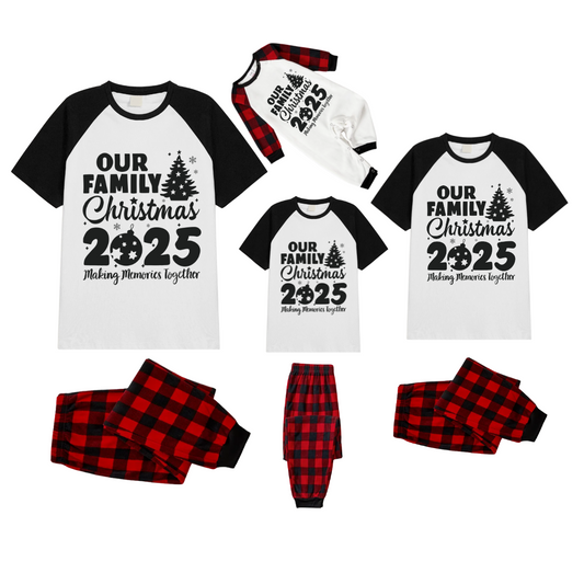 Our Family Christmas 2025 Family Pajamas Set - White Top, Red Plaid Pants, Black Sleeves, Christmas Tree and Ornaments Print