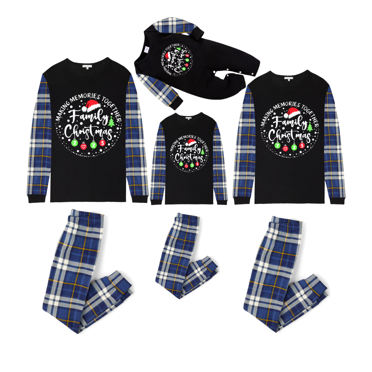 Making Memories Together Family Christmas 2025 Family Pajamas Set - Black Top, Blue Pants, Blue Plaid Sleeves